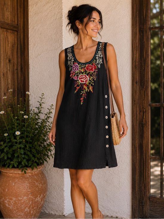 Johnny Was Dresses & Skirts - Johnny Was Los Angeles 100% Linen Floral Embroidered Sleeveless Dress XXL Black